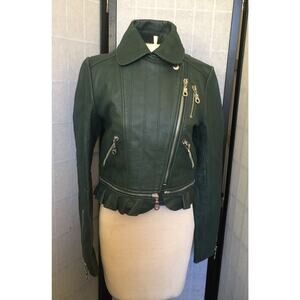KENZO Paris LEATHER JACKET Womens Green Moto Zip Off Ruffle Size 36 NWT